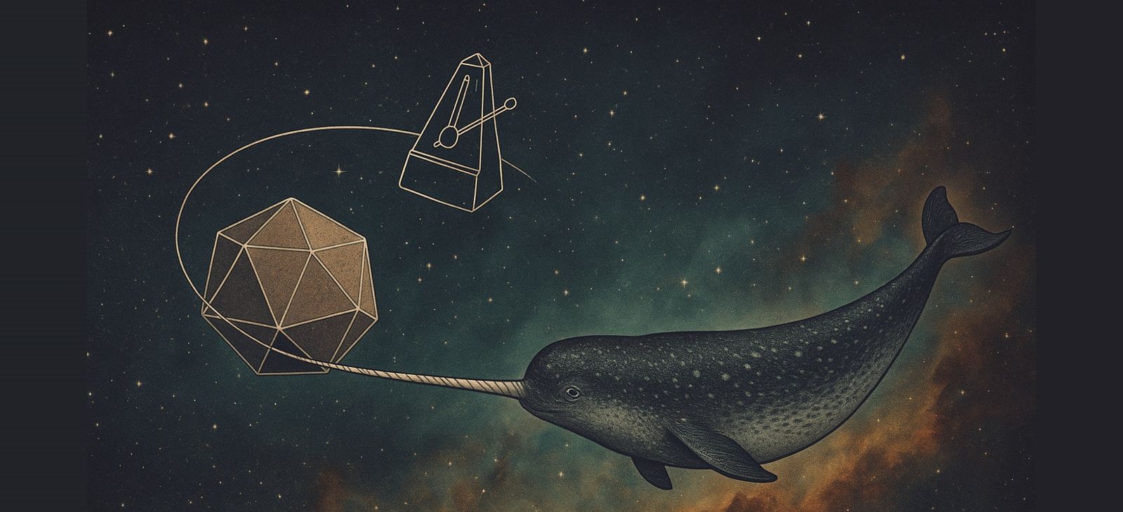 Illustration: a narwhal swimming among the stars with a metronome and a polyhedron