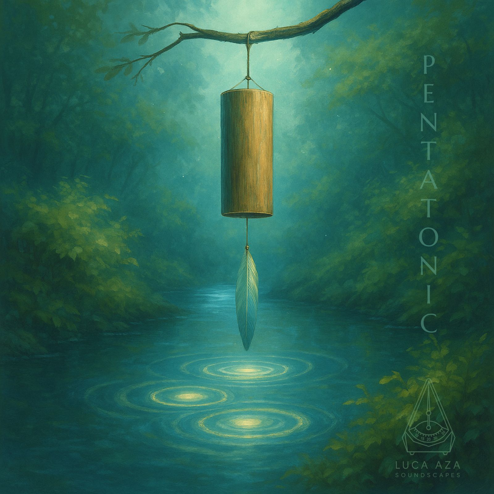 Pentatonic cover art – a wooden wind chime above a forest river